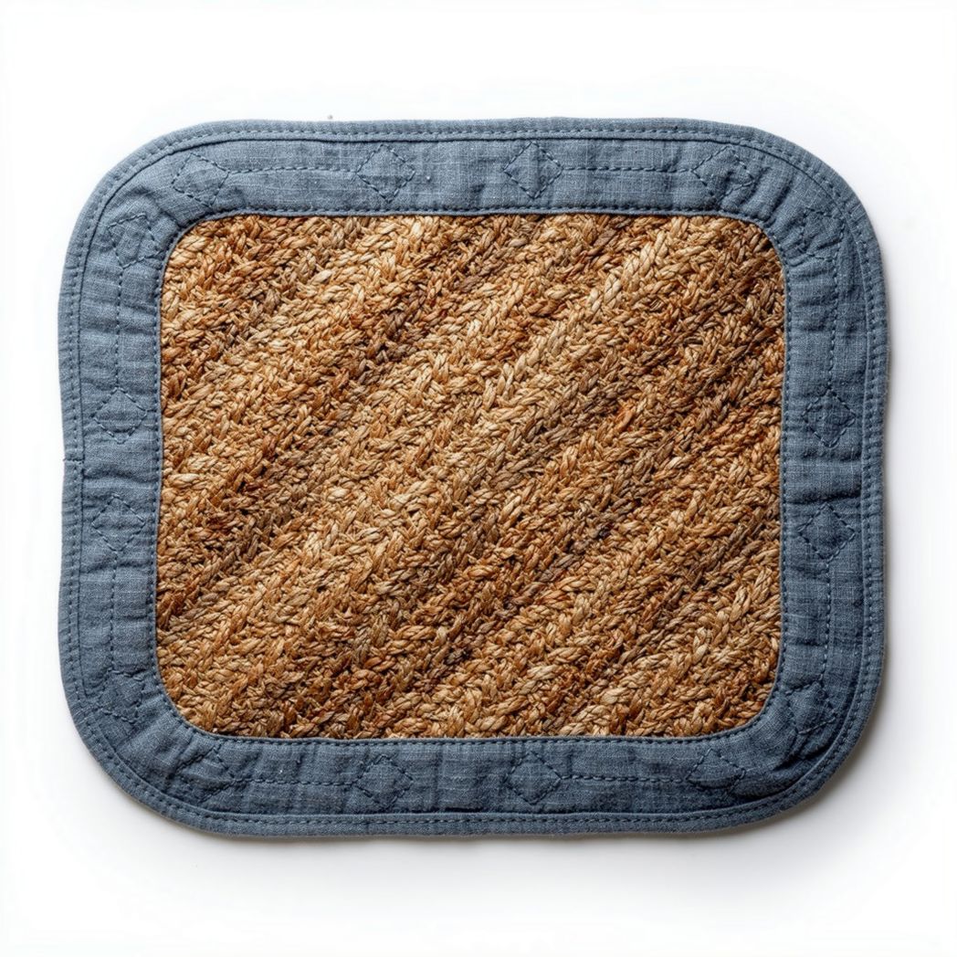 Tapis de sol en jute naturel de couleur marron et bleu 50 x 50 x 2cm
