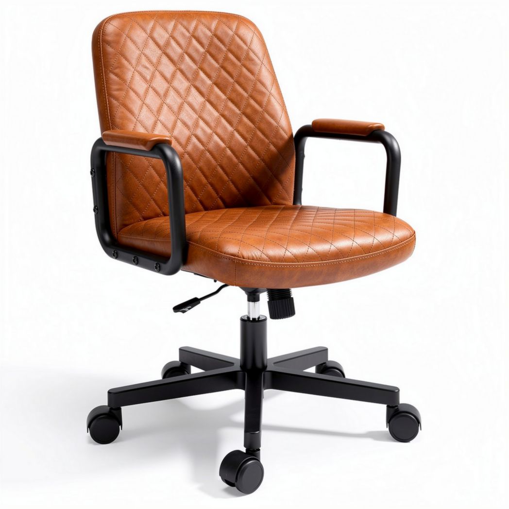 Chaise de bureau réglable en cuir marron avec accoudoirs et roulettes 65 x 60 x 90cm