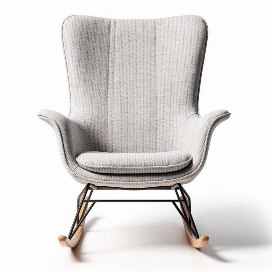 Fauteuil à bascule en textile gris clair avec structure en métal noir 80 x 90 x 100cm