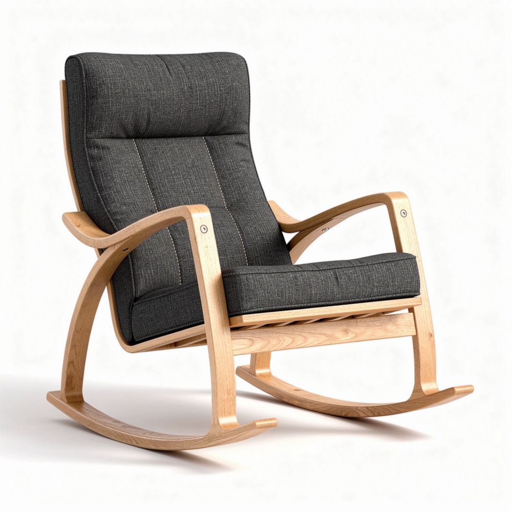 Chaise berçante en bois avec coussin en tissu gris 80 x 60 x 90cm