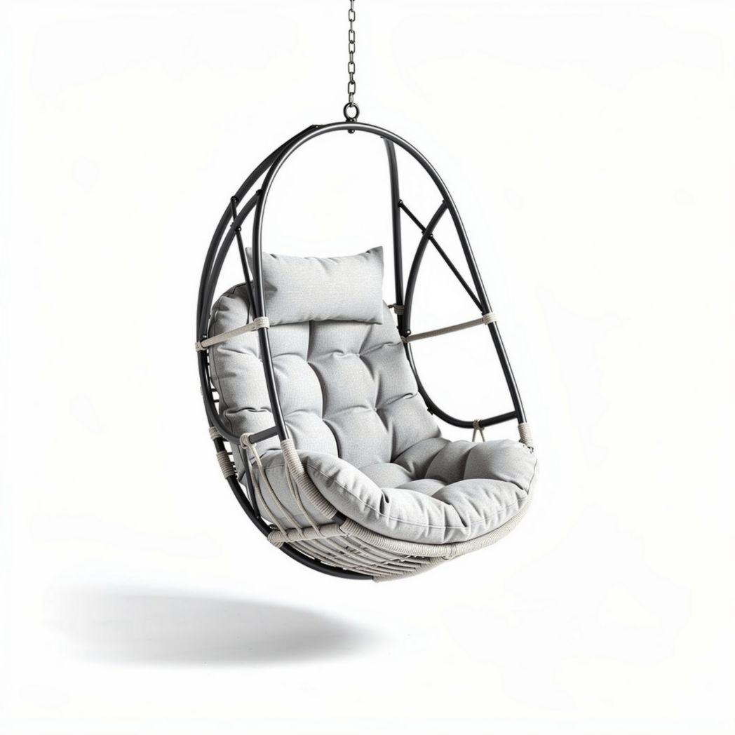 Fauteuil suspendu en métal noir avec coussin en tissu gris 100 x 70 x 90cm