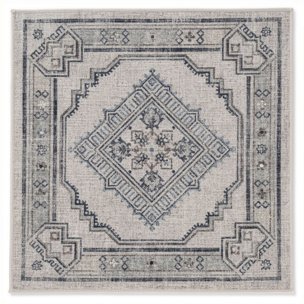 Tapis décoratif en polyester pour salon 150 x 150 x 1cm bleu et blanc