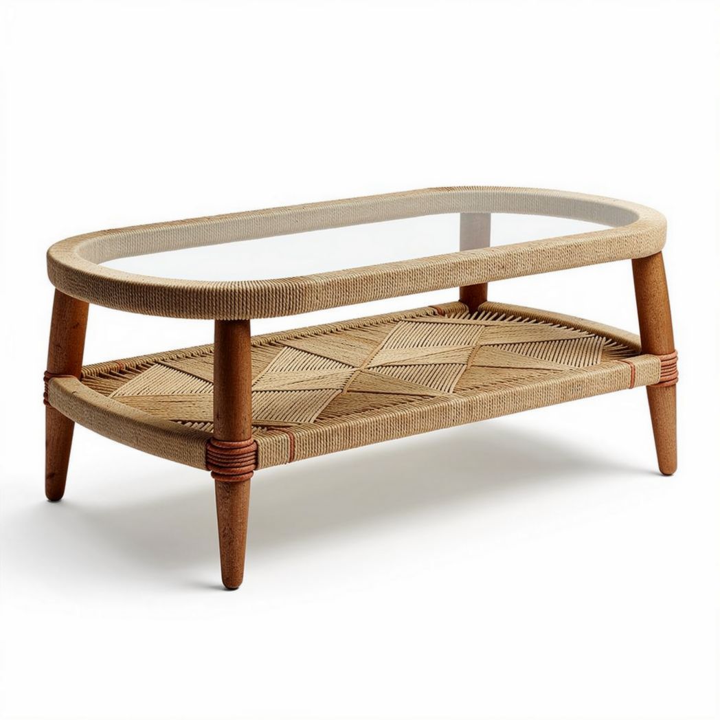 Table basse rectangulaire en rotin et verre 120 x 60 x 45cm pour salon
